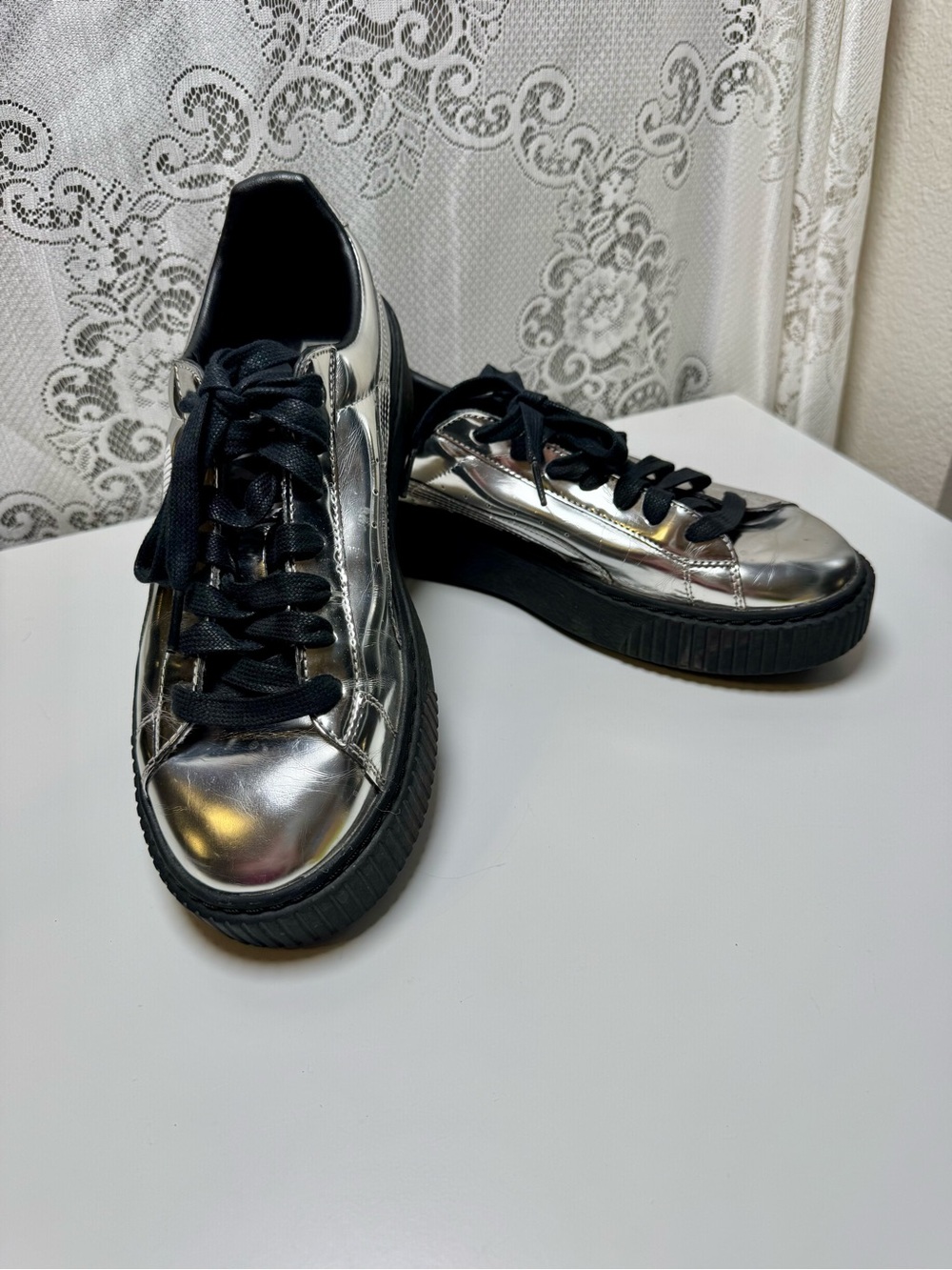 NWOB Puma Basket Platform Metallic Liquid Silver Black Creeper Shoes, Size 8.5